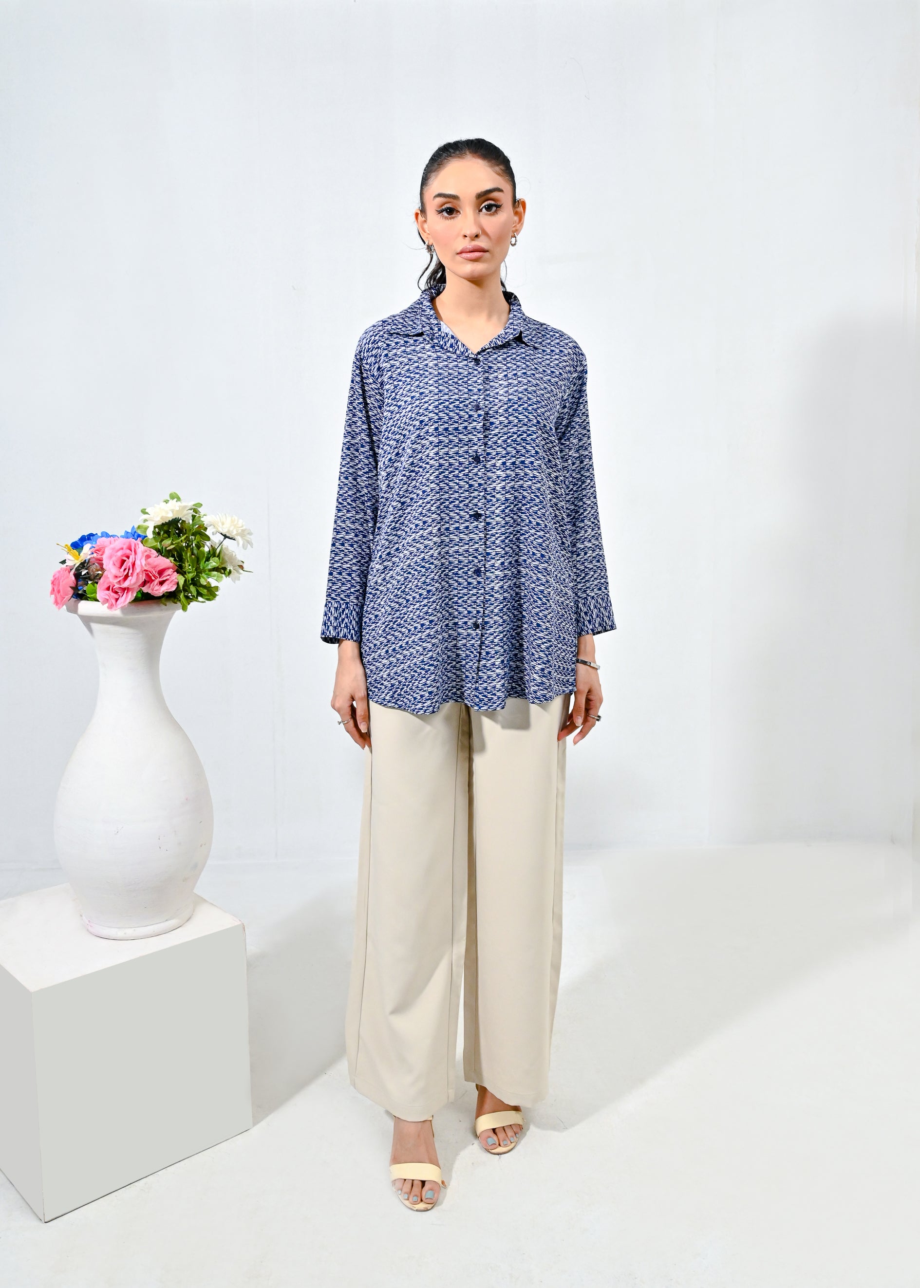 Blue Patterned Linen Shirt
